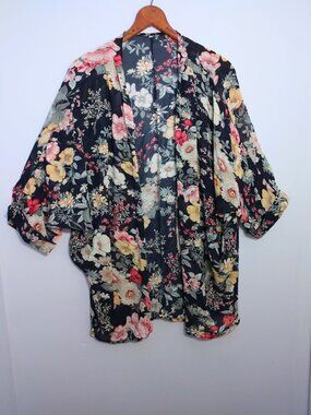 Sheer Navy Floral Open Front Kimono Cover Up Topper Chiffon Beach Boho Festival